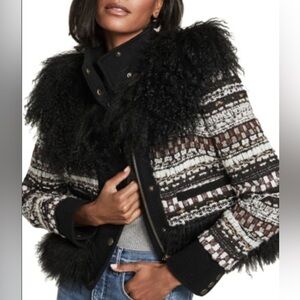 NWT Womens Veronica Beard "Nelway" Black-Multi Tweed Faux Fur Jacket M